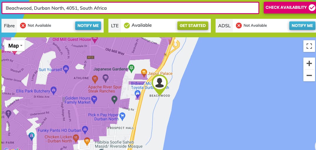 Beachwood, Durban, Fibre Coverage Map